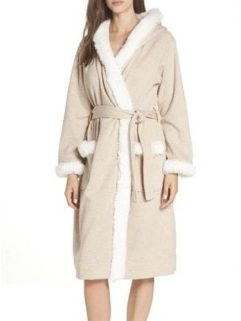 UGG Duffield Deluxe II Robe Tan White Pockets Tie Waist